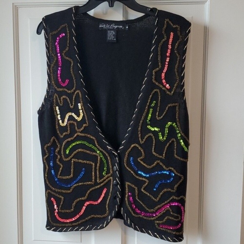 VINTAGE WORK IN PROGRESS UGLY SWEATER VEST BUTTON CARDIGAN SEQUIN BLACK MEDIUM